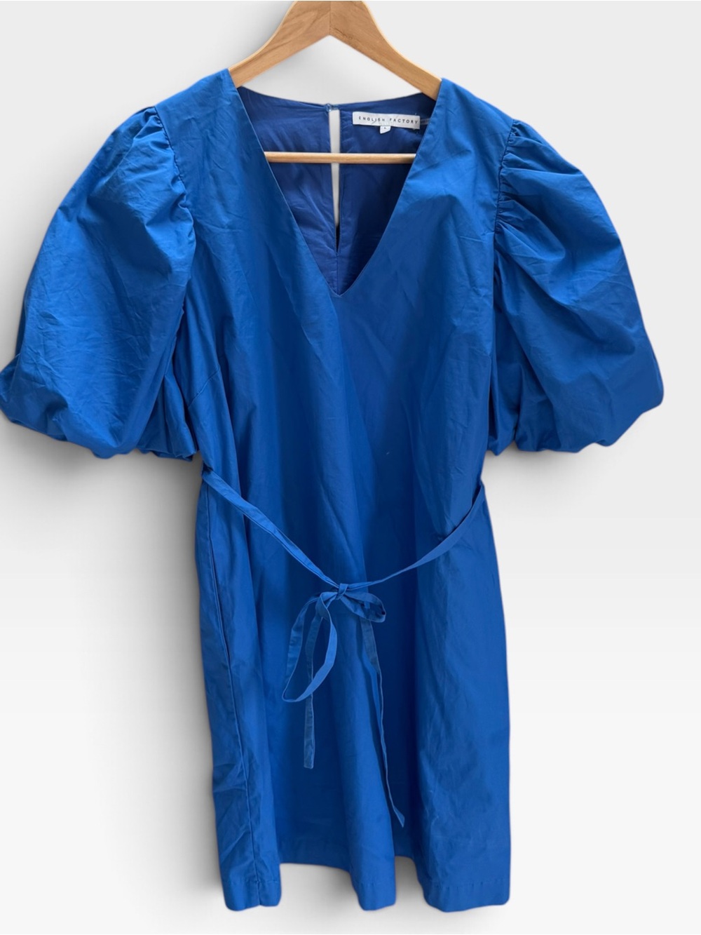 English Factory Blue Puff Sleeve Tie Waist Mini Dress L
